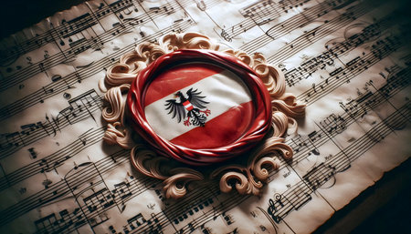A Austrian flag in classical music score, Ai generated imageの写真素材