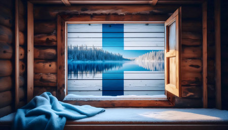 A Finnish flag in lakeside sauna culture, Ai generated imageの写真素材
