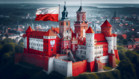 A Polish flag in historical castle architecture, Ai generated imageの写真素材