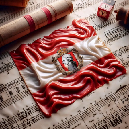 A Austrian flag in classical music score, Ai generated imageの写真素材