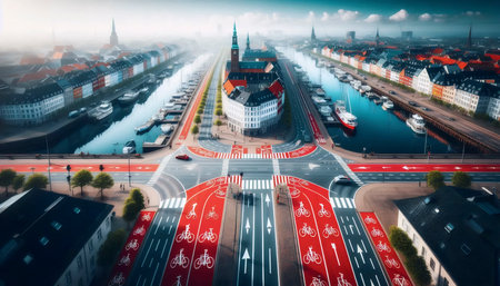 A Danish flag in bicycle city planning, Ai generated imageの写真素材