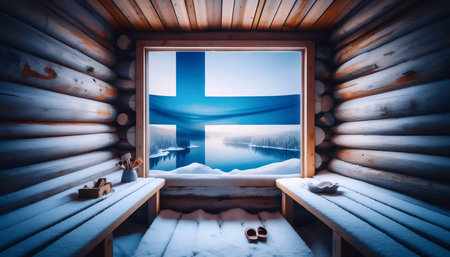 A Finnish flag in lakeside sauna culture, Ai generated imageの写真素材