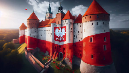 A Polish flag in historical castle architecture, Ai generated imageの写真素材