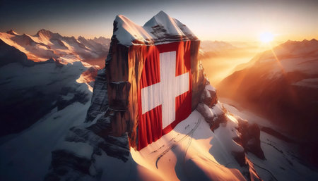 A Swiss flag on alpine mountain peak, Ai generated imageの写真素材