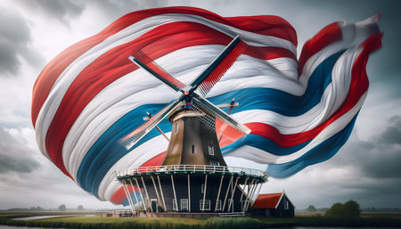 A Dutch flag sailing on a historic windmill sail, Ai generated imageの写真素材