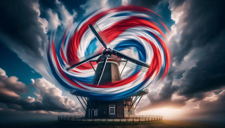 A Dutch flag sailing on a historic windmill sail, Ai generated imageの写真素材