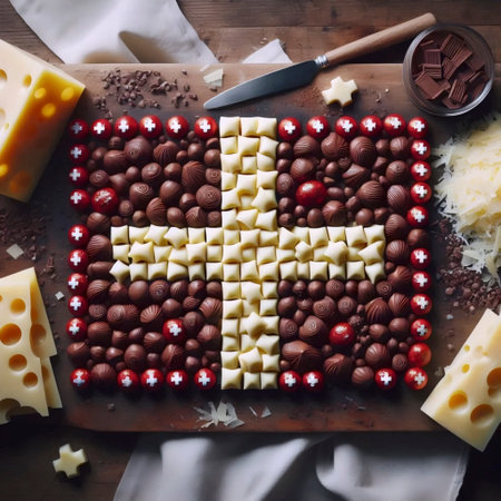 A Swiss flag from chocolate and cheese, Ai generated imageの写真素材