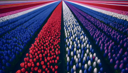A Dutch flag flowing through tulip fields, Ai generated imageの写真素材