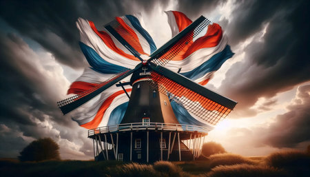 A Dutch flag sailing on a historic windmill sail, Ai generated imageの写真素材