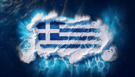 A Greek flag emerging from Aegean sea waves, Ai generated imageの写真素材