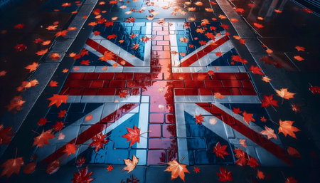A Union Jack in Londons rainy pavement reflection, Ai generated imageの写真素材