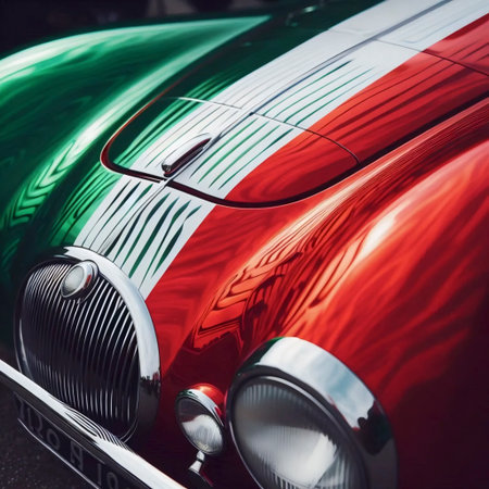 A Italian flag reflected in a vintage sports car, Ai generated imageの写真素材