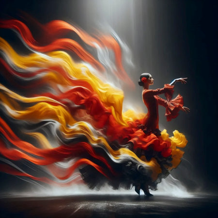 Spanish flag; flamenco dancer; traditional dress; motion blur; red and yellow; cultural performance; national identity; Spanish culture; dance heritage; passionate art; flowing fabric; dress ruffles; dynamic movement; cultural symbol; patriotic dance; traditional art; performance capture; Spanish tradition; folk culture; national colors; artistic movement; dance symbolism; cultural heritage; rhythmic motion; expressive art; Spanish soul; national pride; creative representation; symbolic dance; cultural identity; motion capture; artistic expression; folk tradition; patriotic expressionの写真素材