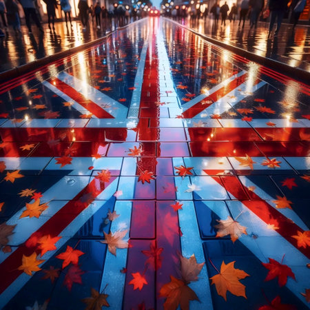 A Union Jack in Londons rainy pavement reflection, Ai generated image