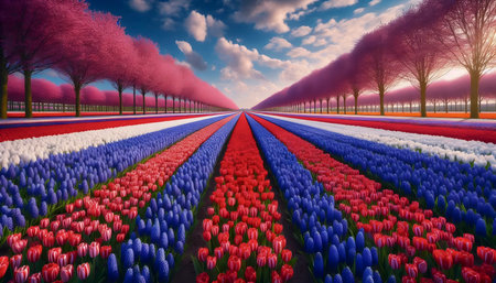 A Dutch flag flowing through tulip fields, Ai generated imageの写真素材