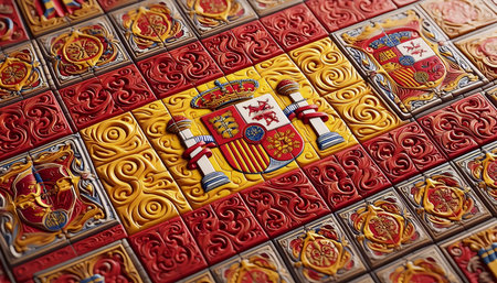 A Spanish flag made of traditional ceramic tiles, Ai generated imageの写真素材