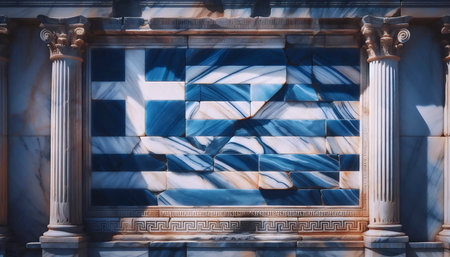A Greek flag in ancient marble architecture, Ai generated imageの写真素材