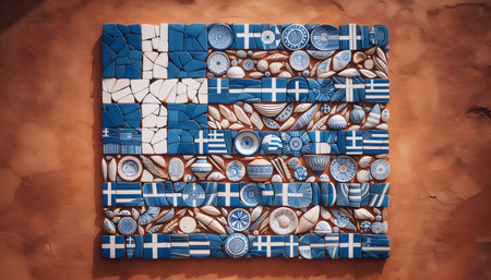A Greek flag from traditional pottery shards, Ai generated imageの写真素材