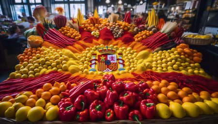 A Spanish flag at a bustling food market, Ai generated imageの写真素材