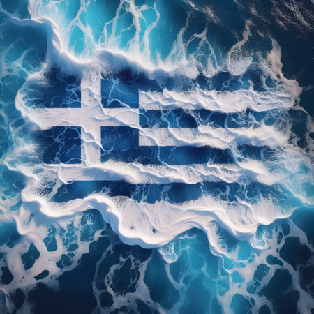 A Greek flag emerging from Aegean sea waves, Ai generated imageの写真素材