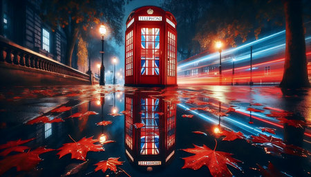 A Union Jack in Londons rainy pavement reflection, Ai generated imageの写真素材