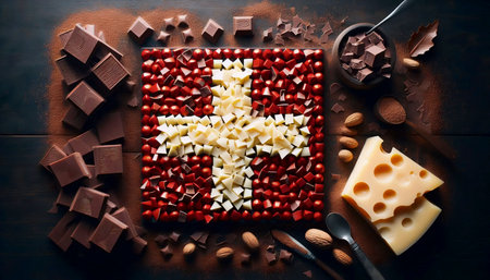 A Swiss flag from chocolate and cheese, Ai generated imageの写真素材