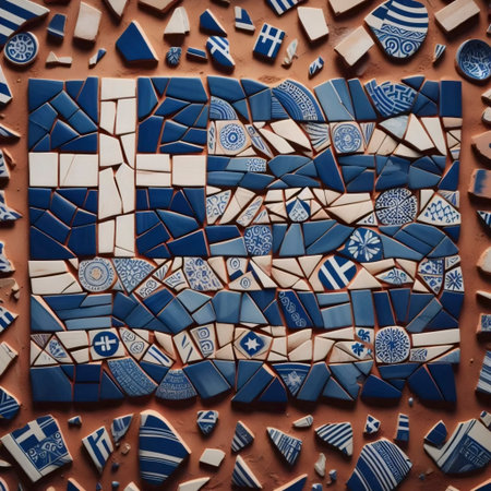 A Greek flag from traditional pottery shards, Ai generated imageの写真素材