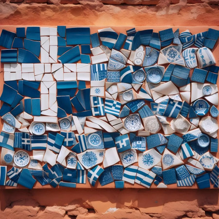 A Greek flag from traditional pottery shards, Ai generated imageの写真素材