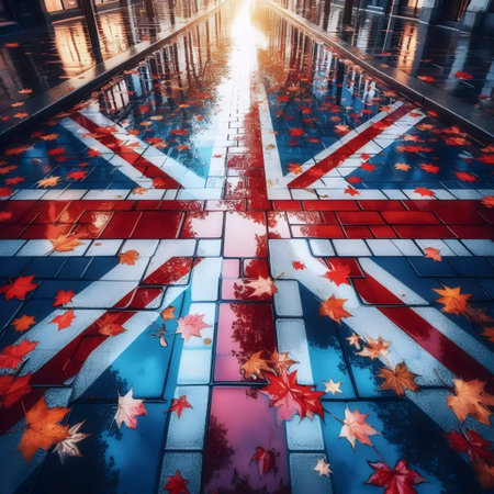 A Union Jack in Londons rainy pavement reflection, Ai generated imageの写真素材