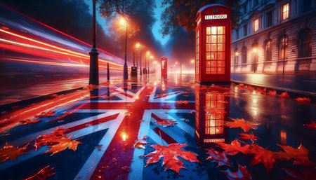 A Union Jack in Londons rainy pavement reflection, Ai generated imageの写真素材