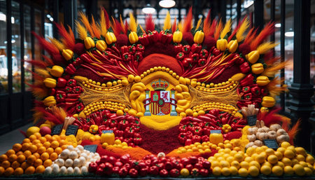 A Spanish flag at a bustling food market, Ai generated imageの写真素材