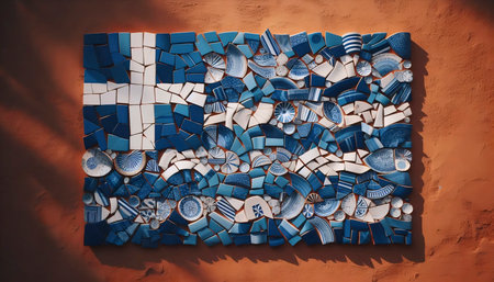 A Greek flag from traditional pottery shards, Ai generated imageの写真素材