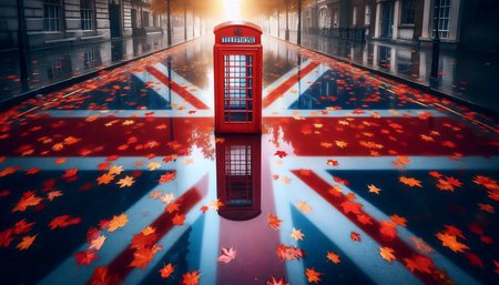 A Union Jack in Londons rainy pavement reflection, Ai generated imageの写真素材