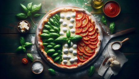 A Italian flag melting into a pizza margherita, Ai generated imageの写真素材