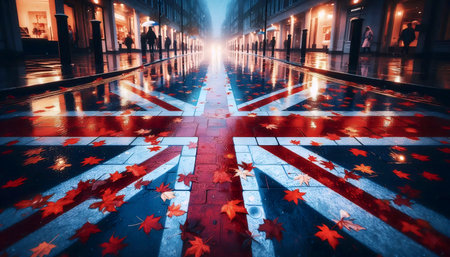 A Union Jack in Londons rainy pavement reflection, Ai generated imageの写真素材