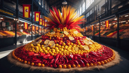A Spanish flag at a bustling food market, Ai generated imageの写真素材