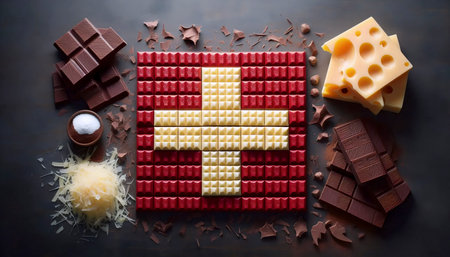 A Swiss flag from chocolate and cheese, Ai generated imageの写真素材