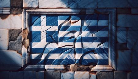 A Greek flag in ancient marble architecture, Ai generated imageの写真素材