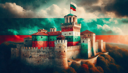 A Bulgarian flag in medieval fortress architecture, Ai generated imageの写真素材