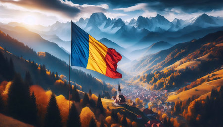 A Romanian flag in Carpathian mountain landscape, Ai generated imageの写真素材