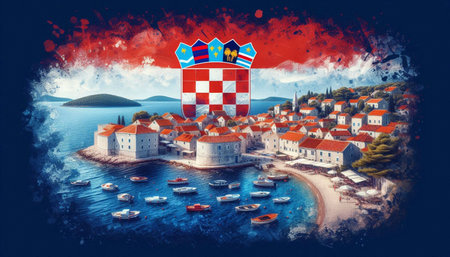 A Croatian flag in Adriatic coastal landscape, Ai generated image