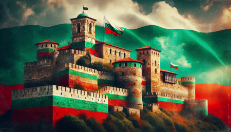 A Bulgarian flag in medieval fortress architecture, Ai generated imageの写真素材