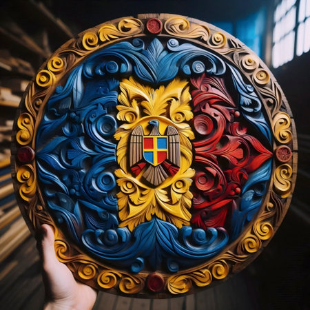 A Romanian flag in folk wood carving, Ai generated imageの写真素材