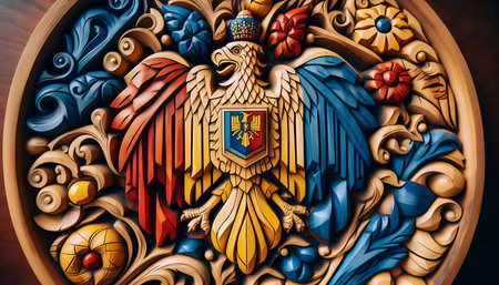 A Romanian flag in folk wood carving, Ai generated imageの写真素材