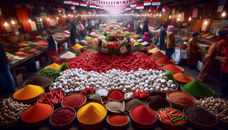 A Indonesian flag in spice market abundance, Ai generated imageの写真素材