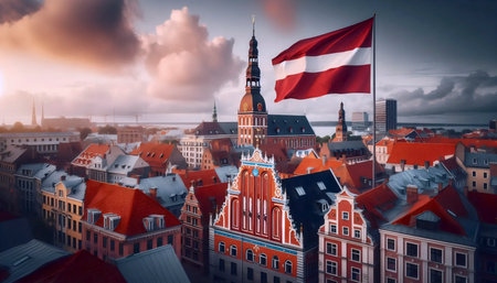A Latvian flag in medieval old town, Ai generated imageの写真素材