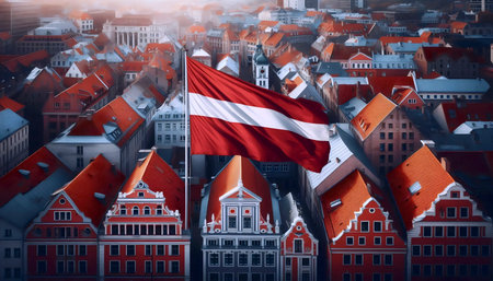 A Latvian flag in medieval old town, Ai generated image
