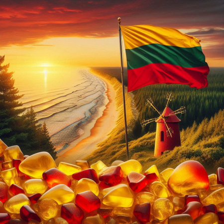 A Lithuanian flag in amber coastline, Ai generated imageの写真素材
