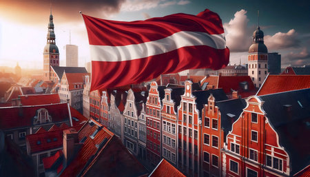 A Latvian flag in medieval old town, Ai generated imageの写真素材