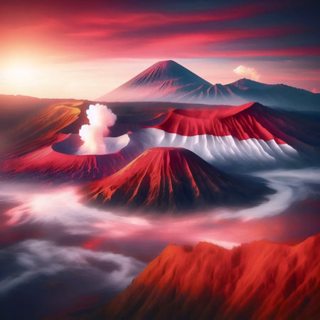 A Indonesian flag in volcanic sunrise landscape, Ai generated imageの写真素材